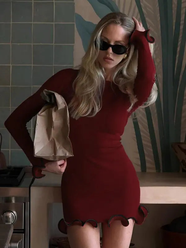 VERNA™ - Stylish Knit Bodycon Dress with Wave Hem Long Sleeve Dress